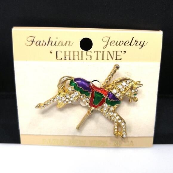 Vintage Carousel Horse Rhinestone Brooch, Red Green Enamel, Taiwan, 2 Inches - Picture 3 of 10